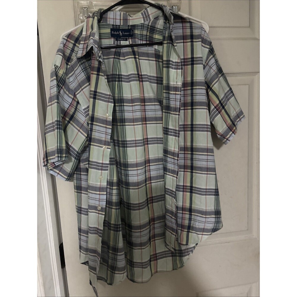 Ralph Lauren Button Down Shirt Mens L Plaid Short Sleeve Cotton Colorful
